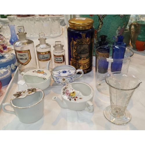222 - A blue reproduction Alberello; 19th century apothecary bottles; china feding cups; etc.