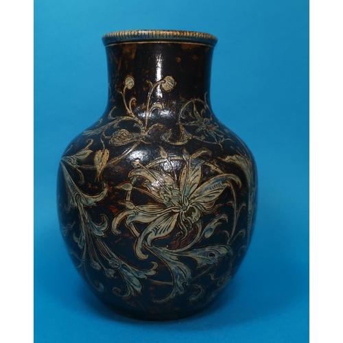242 - A stoneware bulbous vase by Martin Brothers, with incised decoration of scrolling orchids, blue on b... 
