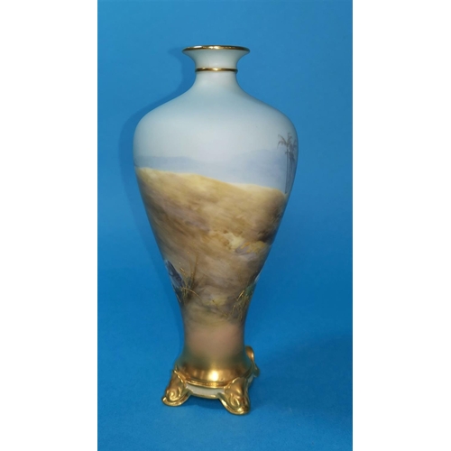 244 - A Royal Worcester porcelain inverted baluster vase on square base with scroll feet, decorated storks... 