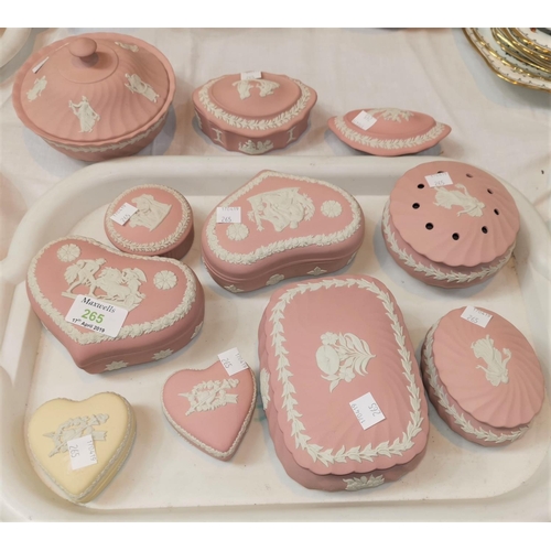 265 - 9 Wedgewood pink Jasperware lidded pots, 2 heart shaped and others and one yellow Jasperware pot