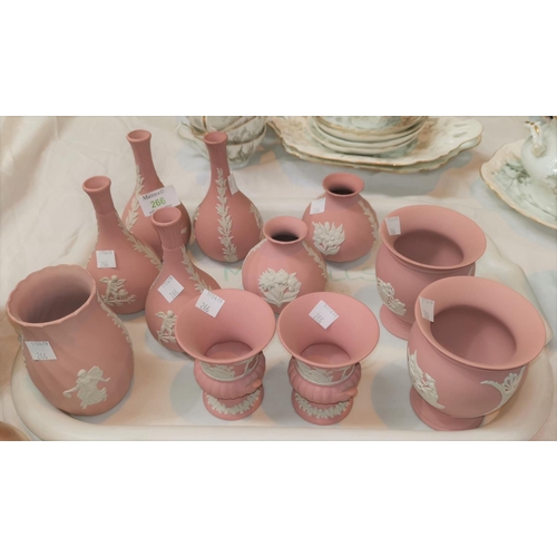 266 - Eleven Wedgewood pink Jasperware vases, including posy vases etc