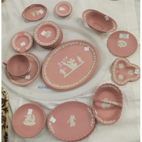 267 - A selection of pink Wedgewood Jasperware ceramic china including cup and saucer, pin trays etc