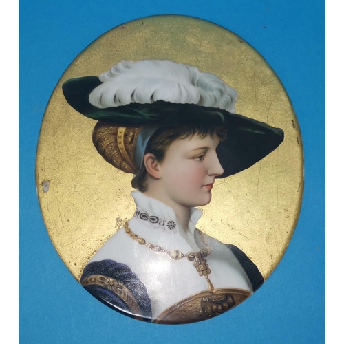 268 - A 19th century continental hand painted porcelain oval plaque, portrait of a lady with gilt backgrou... 