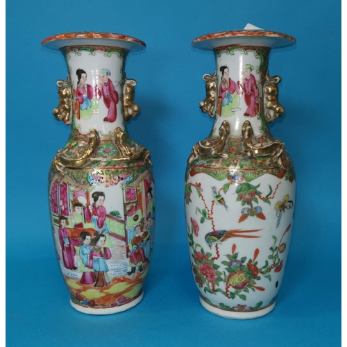 274 - A late 19th century Chinese Canton pair of porcelain vases, enamelled decoration with applied gilt k... 
