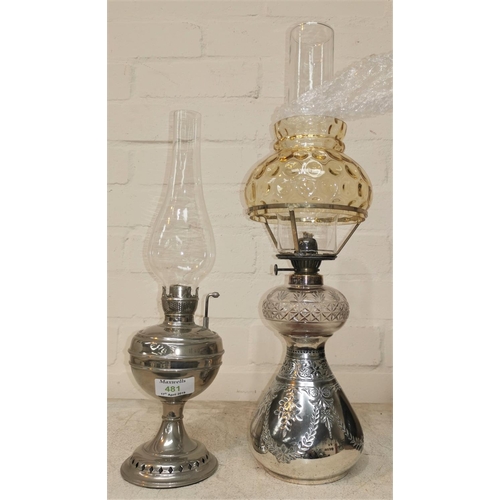 481 - An oil lamp with silver plated bulbous base and cut glass reservoir; a similar lamp made by Little J... 