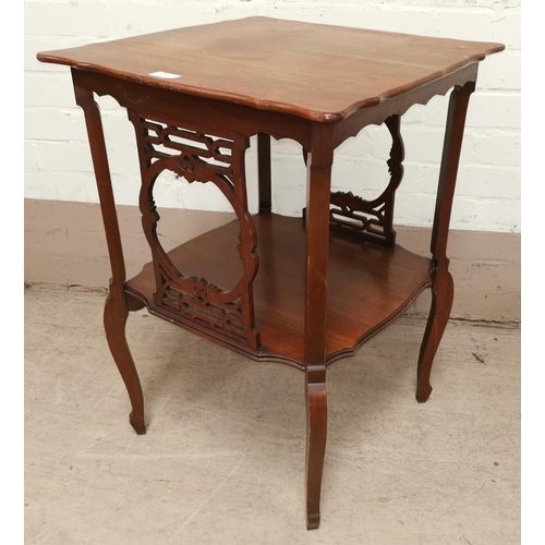 526 - A 20th century mahogany 2 tier occasional table/plant stand with square top and oriental carved deco... 