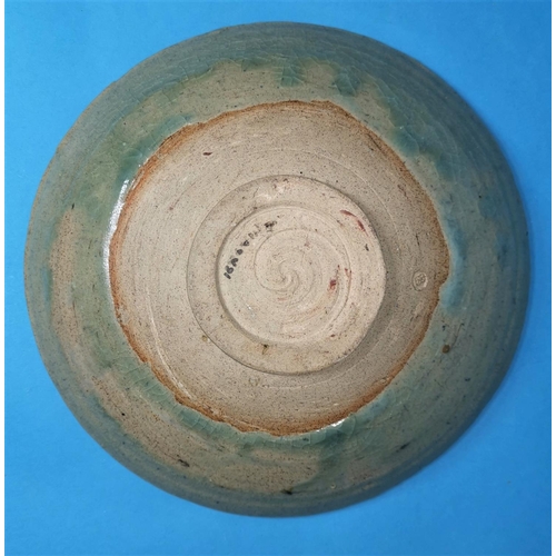 167 - A 1950's studio pottery bowl with blue glaze over incised ground, indistinct seal mark, 9