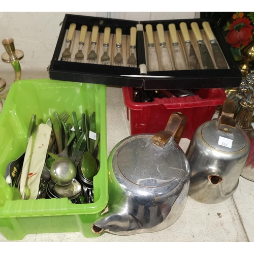 346 - A 1950's Picquot tea and coffee pot; a selection of silver plate and stainless steel cutlery; etc.