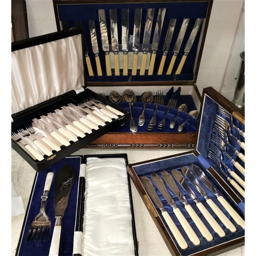 349 - A canteen of silver plated cutlery in oak case; 3 cased sets of fish knives and forks and servers; d... 