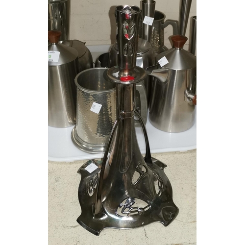 350 - A 1960's stainless steel triple specimen vase by Robert Welsh; a similar pair of coffee pots; a WMF ... 