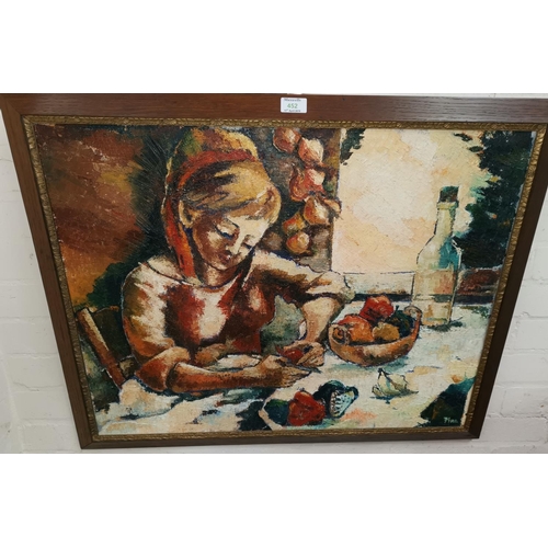 452 - Elizabeth Finn (1933):  female peeling peppers at a table, oil on canvas, signed, 23