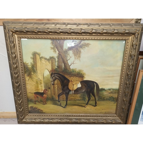 498 - A Victorian style naive oil on canvas of a hors ewith saddle and a dog, signed indistinctly, 19.5