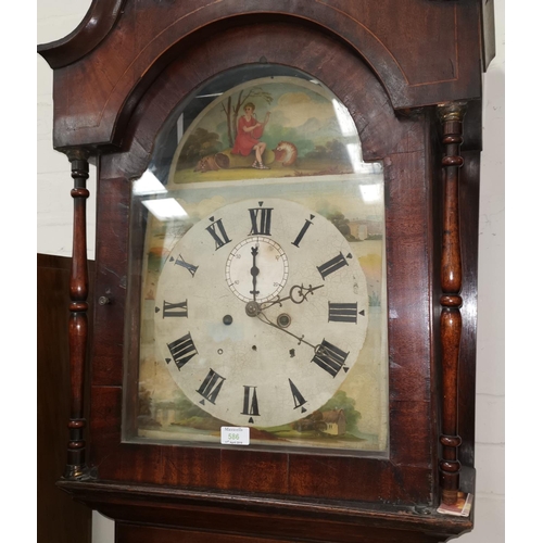 586 - A 19th century grandfather clock in oak case, with 8 day movement and painted dial