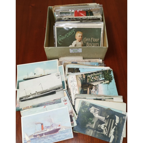 509 - A collection of vintage postcards, to include ocean liners; and early continental cards postally use... 