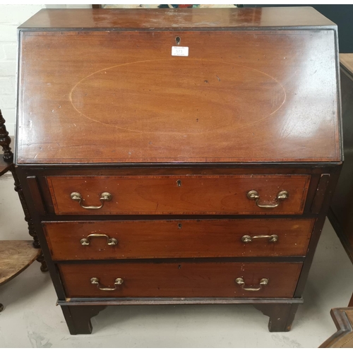 573 - An Edwardian inlaid mahogany bureau with fall front and 3 drawers, width 30