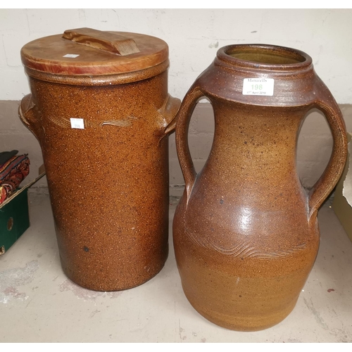 198 - A large stoneware 2-handled vase; a bread mug; stoneware and studio pottery