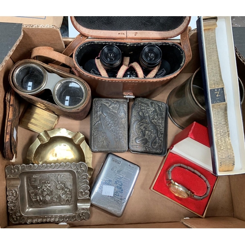 423 - Two pairs of binoculars; 2 gent's watches; stamps; etc.