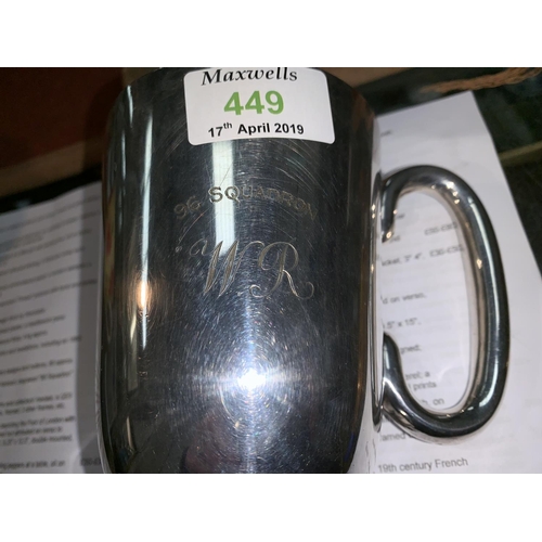 449 - A WWII period silver plated tankard, engraved 