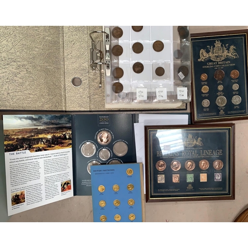450 - A selection of G B copper coins and collectors' medals; a QEII pre-decimal set with banknotes, frame... 