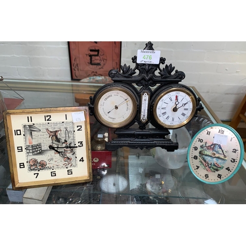 476 - A late 19th/early 20th century cast metal mantel clock and barometer; a German novelty mantel clock ... 