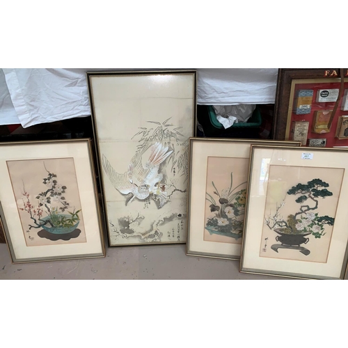 487 - Three oriental paintings on silk with matching character mark stamp, still life of flowers, another ... 