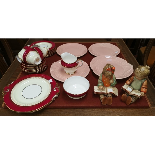 161 - a Paragon part tea set, Clarice Cliff salmon plates and 2 Goebels style figures
