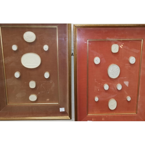 405 - A group of 19th century plaster cameos set in 3 cabinet frames; a pair of 19th century colour mezzot... 
