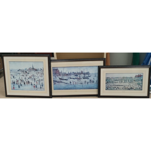 426 - After L S Lowry:  The Beach; At the Seaside & Peel Park Salford, 3 uniformly framed prints