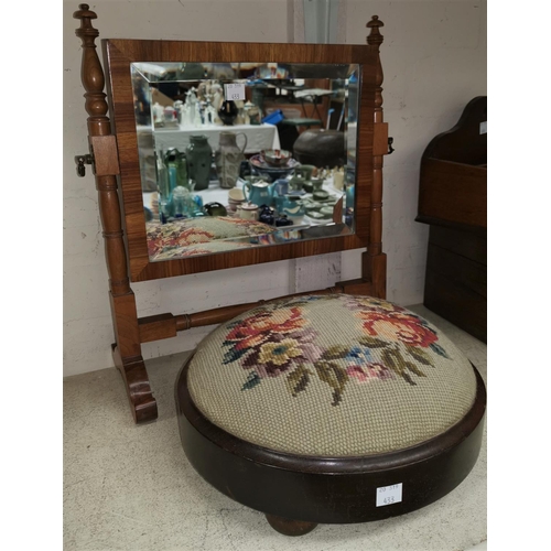 433 - A Victorian brass bound lap desk; a satinwood dressing table mirror; a Victorian circular footstool