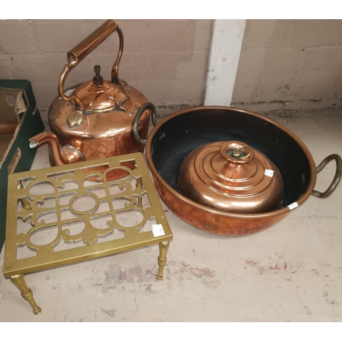 436 - A 19th century copper kettle and bowl; metalware; tins; silver plate; etc.