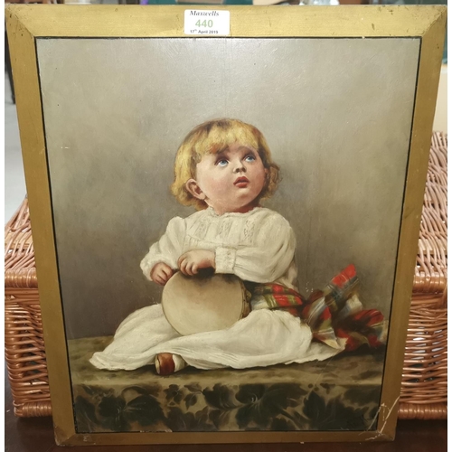 440 - Ada Knott:  portrait of a little girl with tambourine, oil on board, signed, 16
