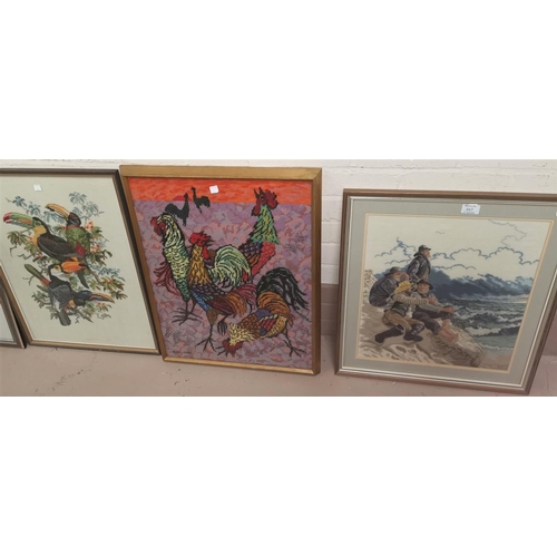 467 - Three needlework pictures: Fisherman; Toucan & Cockerel; a small watercolour by Henry Chetham; other... 