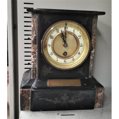 477 - A marble cased mantel clock with presentation plaque