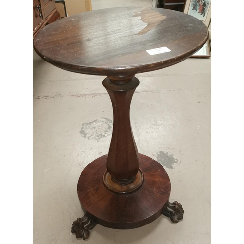 540 - A 19th century rosewood wine table, baluster support with later top and paw feet; a 1930's barometer... 