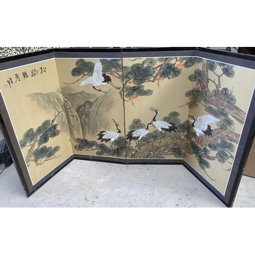 526A - A 20th century oriental hand painted on silk 4 fold comfort / table screen depicting five red crown ... 