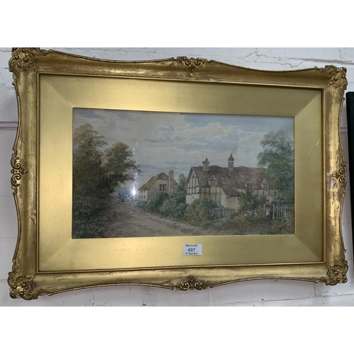497 - A. Coleman : A 19th Century watercolour of cottages on a country road in gilt frame and glazed, sign... 
