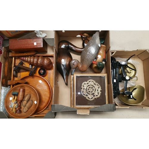 470 - A selection of treen items and decoy ducks; 3 framed carved wood bosses; a weighing scale and weight... 
