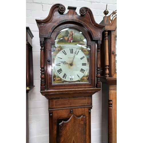 603 - An early 19th century longcase clock in inlaid crossbanded oak, the hood with swan neck pediment and... 