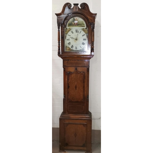 603 - An early 19th century longcase clock in inlaid crossbanded oak, the hood with swan neck pediment and... 