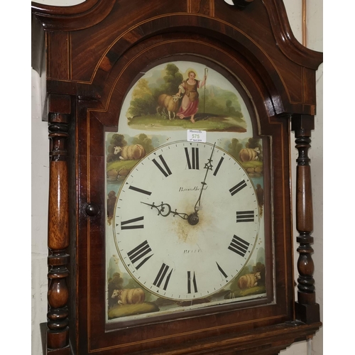 603 - An early 19th century longcase clock in inlaid crossbanded oak, the hood with swan neck pediment and... 