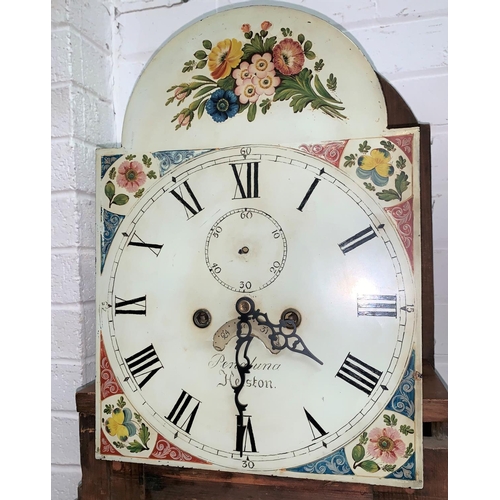 590 - A 19th Century longcase clock, arch top hood with turned pillars and brass finials, quarter reeded c... 