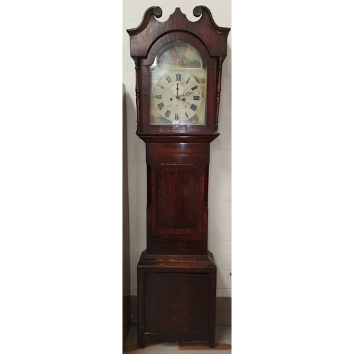 571 - A 19th century grandfather clock in oak case, with 8 day movement and painted dial