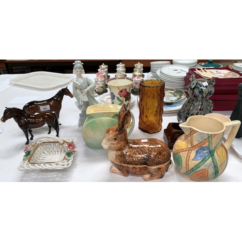 185 - A Beswick Exmoor pony; another Beswick horse; a Losol vase; 2 Art Deco jugs; a faience tureen; etc.
