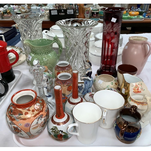 195 - A selection of decorative china and glass:  a musical jug; Dresden style figures; vases; etc.