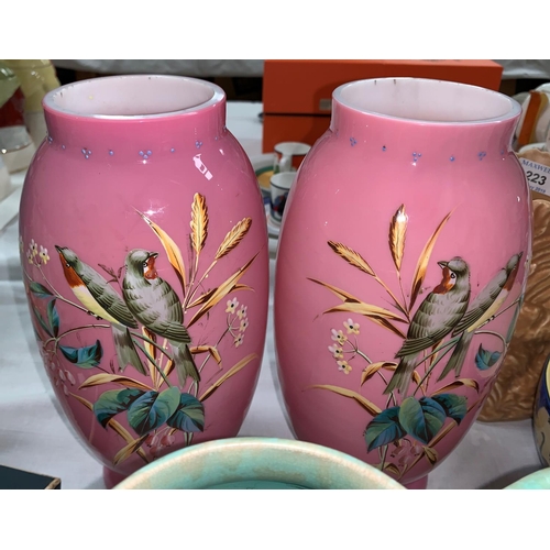223 - A pair of Victorian hand painted opaque glass vases; 2 1930's jugs; Carltonware; a Porthmadog 3 piec... 