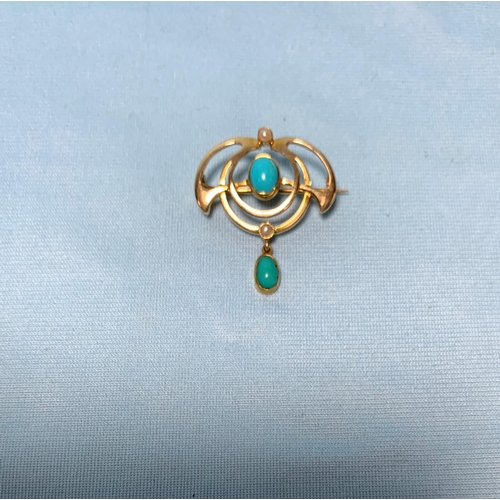 330 - A 15 carat gold art nouveau brooch by Murrle Bennett, with pendant drop set turquoise cabochons and ... 