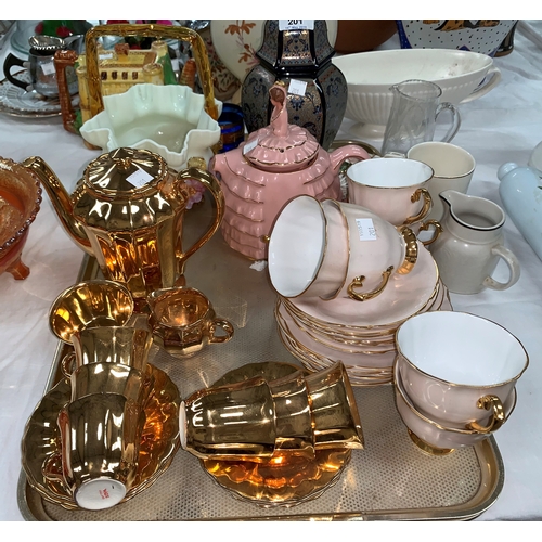 201a - A Victorian opaque glass posy vase with branch handle; a Sadler crinoline teapot; a Wade gold coffee... 