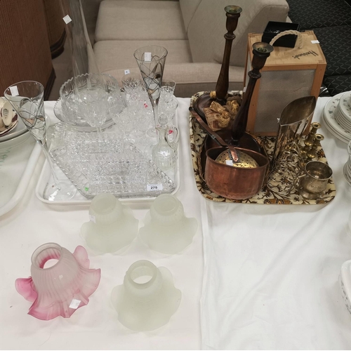 275 - A selection of cut drinking glasses and glassware; light shades; silver plate; metalware; 3 unframed... 