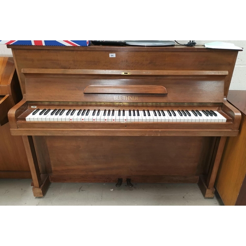 584 - A mahogany cased upright piano by Julius Bluthner, Leipzig, 1937, iron framed, overstrung and under ... 