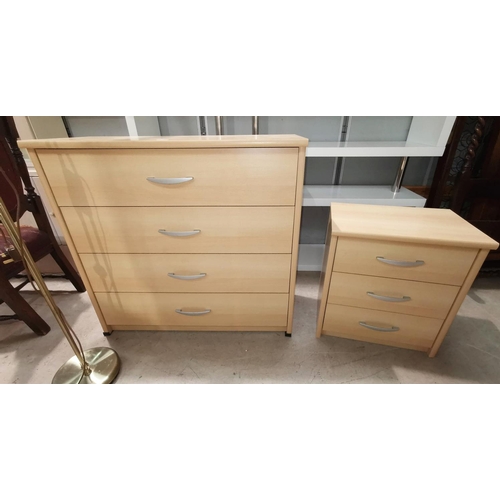 570 - A large modern light bedroom suite comprising 4 door wardrobe (3 mirrored) a 4 height chest of drawe... 